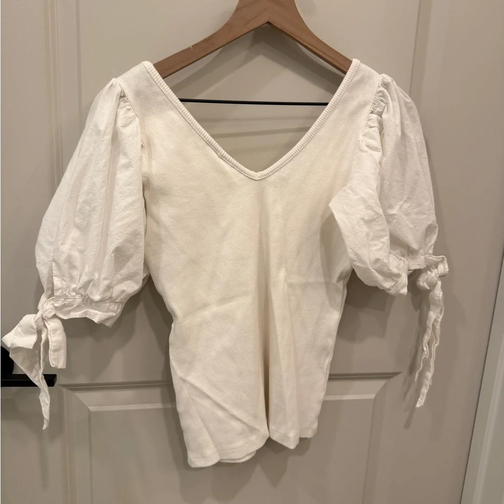 Anthropologie White V-Neck Puff Sleeve Tie Cuff Top